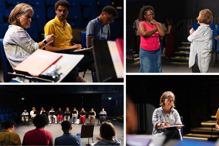 Professor DiQuattro with students doing a read through of the play