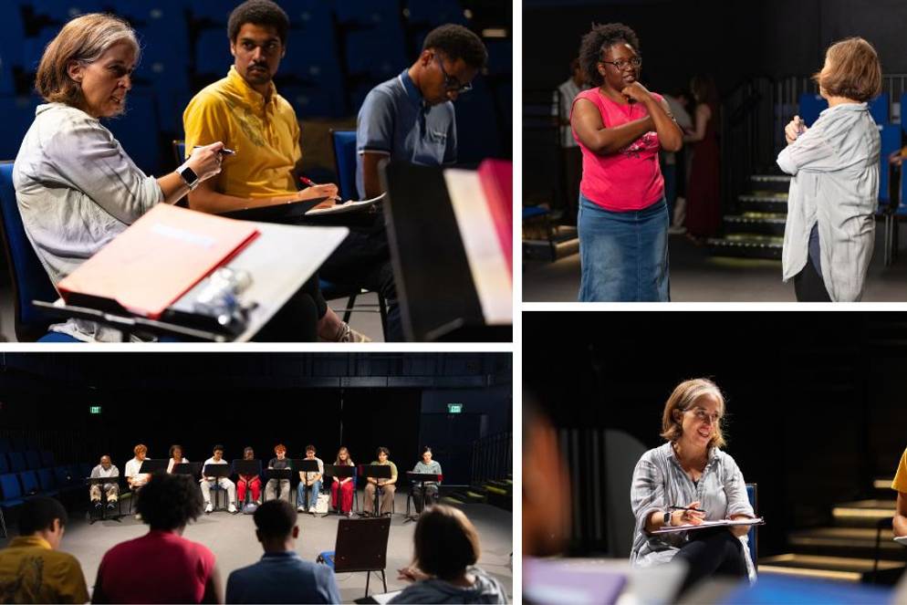Theatre professor Marianne DiQuattro and Conner Chaumley ’26, Yasmine Hudson ’27, and Max Payton ’27