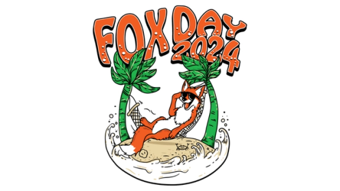 Fox Day 2024 t-shirt design with a fox laying in a hammock between two palm trees
