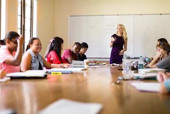 English professor Jana Mathews engages her students in classroom discussion.