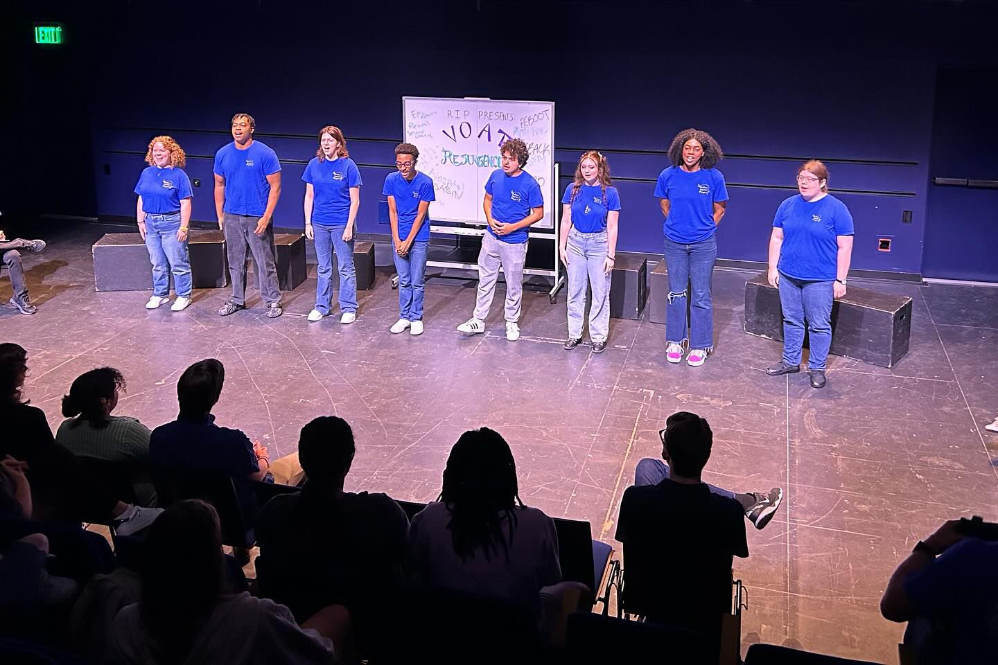 Eight students form a line on a stage in front of a whiteboard with audience suggestions.