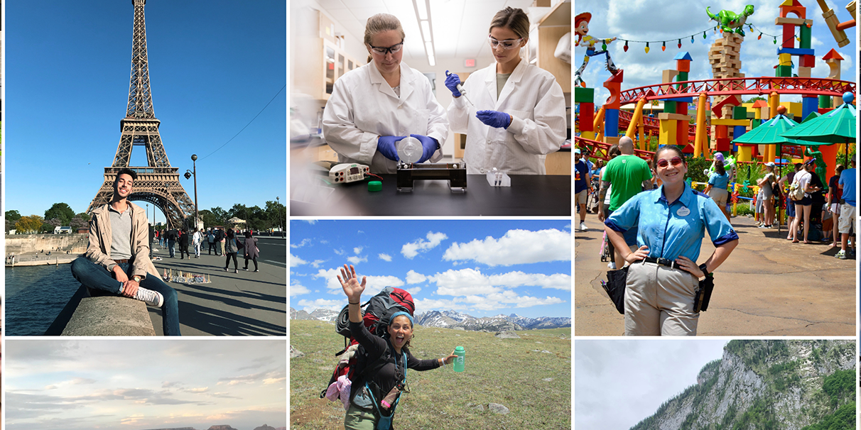 A grid of images depicting Rollins students’ summer experiences.