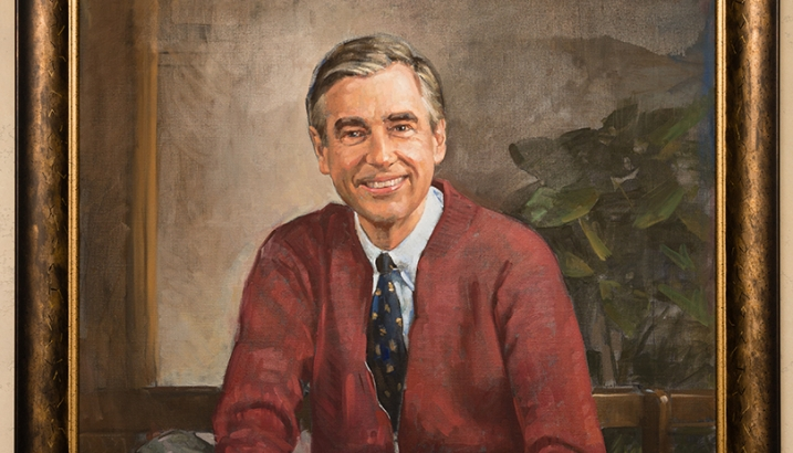 A painting of Fred Rogers that hangs in the Tiedtke Concert Hall.