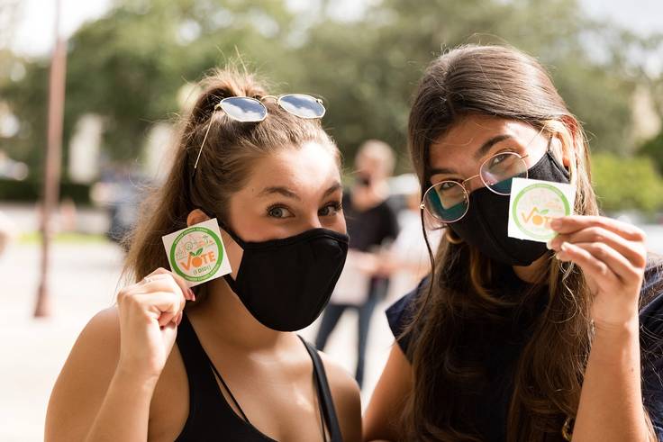 Rollins students showing off their “I voted” stickers after casting early votes in the 2020 presidential election.