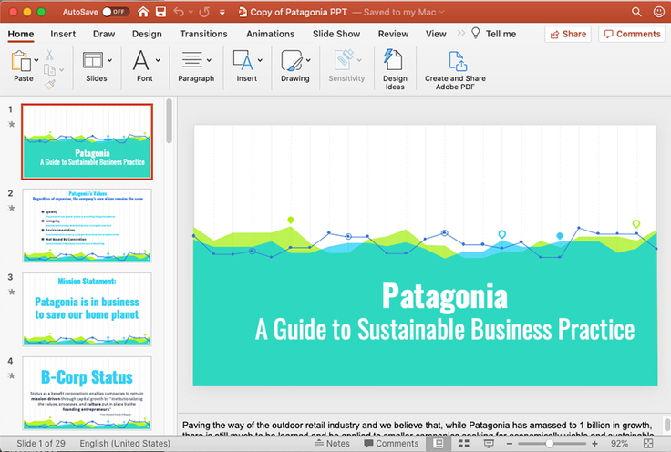 Regan Iberal’s PowerPoint presentation for Patagonia about sustainable business practices.