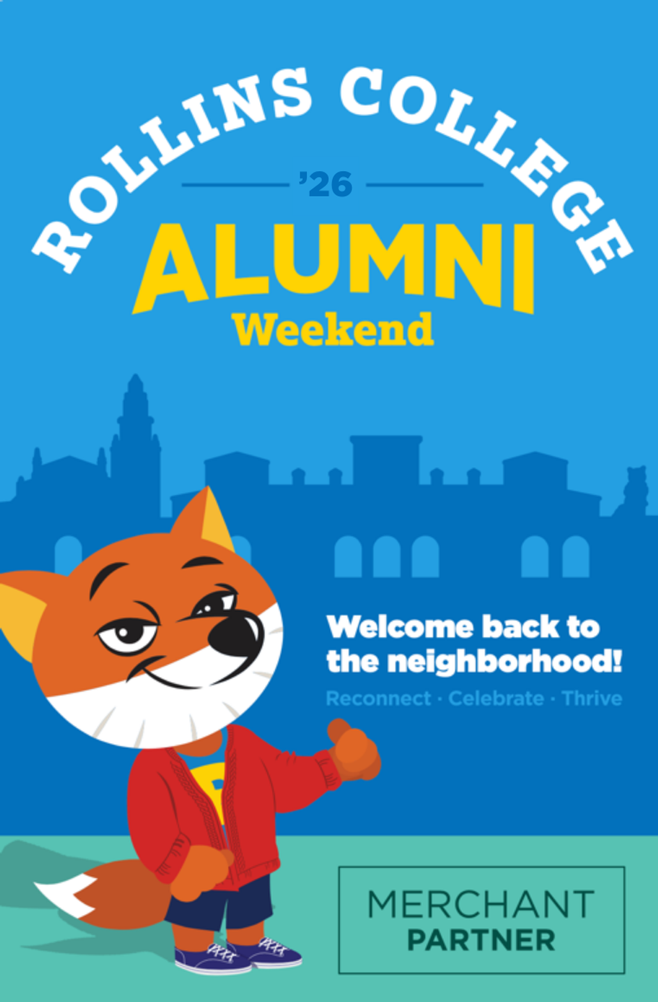 Blue merchant partner poster with Alumni Weekend logo in yellow, featuring a cartoon fox.