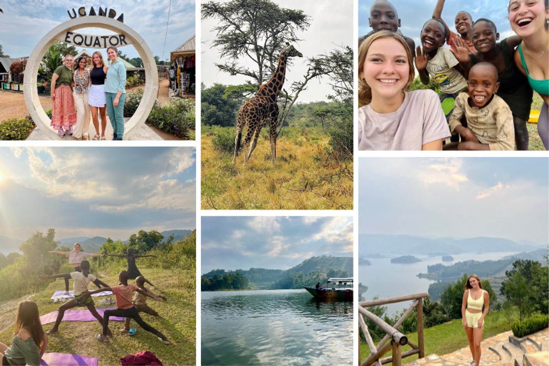 A grid of images of Caroline Barrett on a field study experience in Uganda.