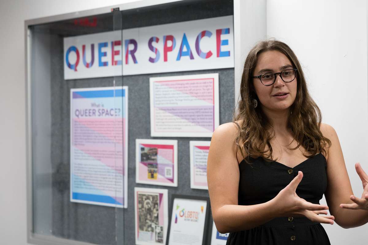 Erika Wesch explains her research for the Queer Space exhibition at The Center Orlando.