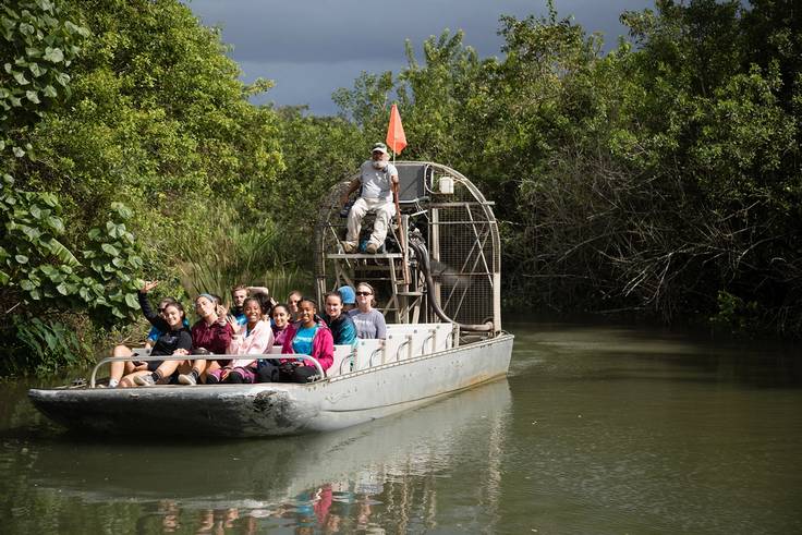 Students ride an airboat on an Immersion experience in the Everglades.