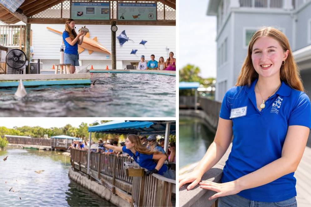 Education intern Nora VanDerMeid ’27 presents marine life and engages visitors at exhibits.