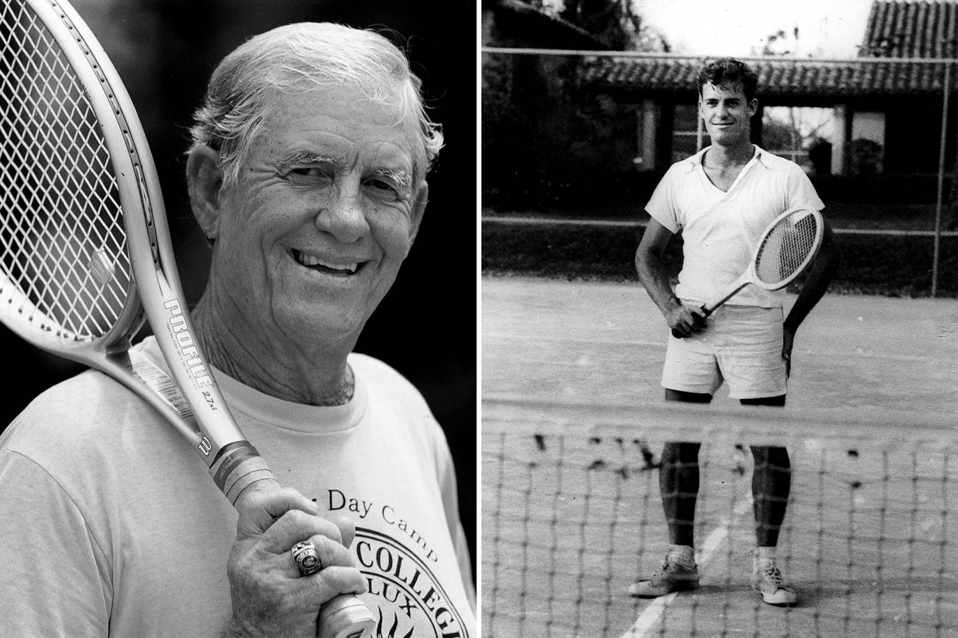 Norm Copeland pictured on the tennis court as a Rollins student and then as Rollins’ tennis coach many years later.
