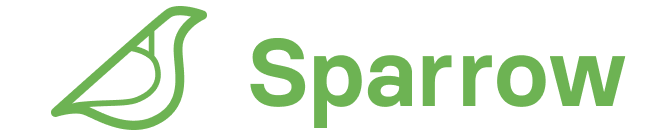 Sparrow logo with green bird outline and company name text