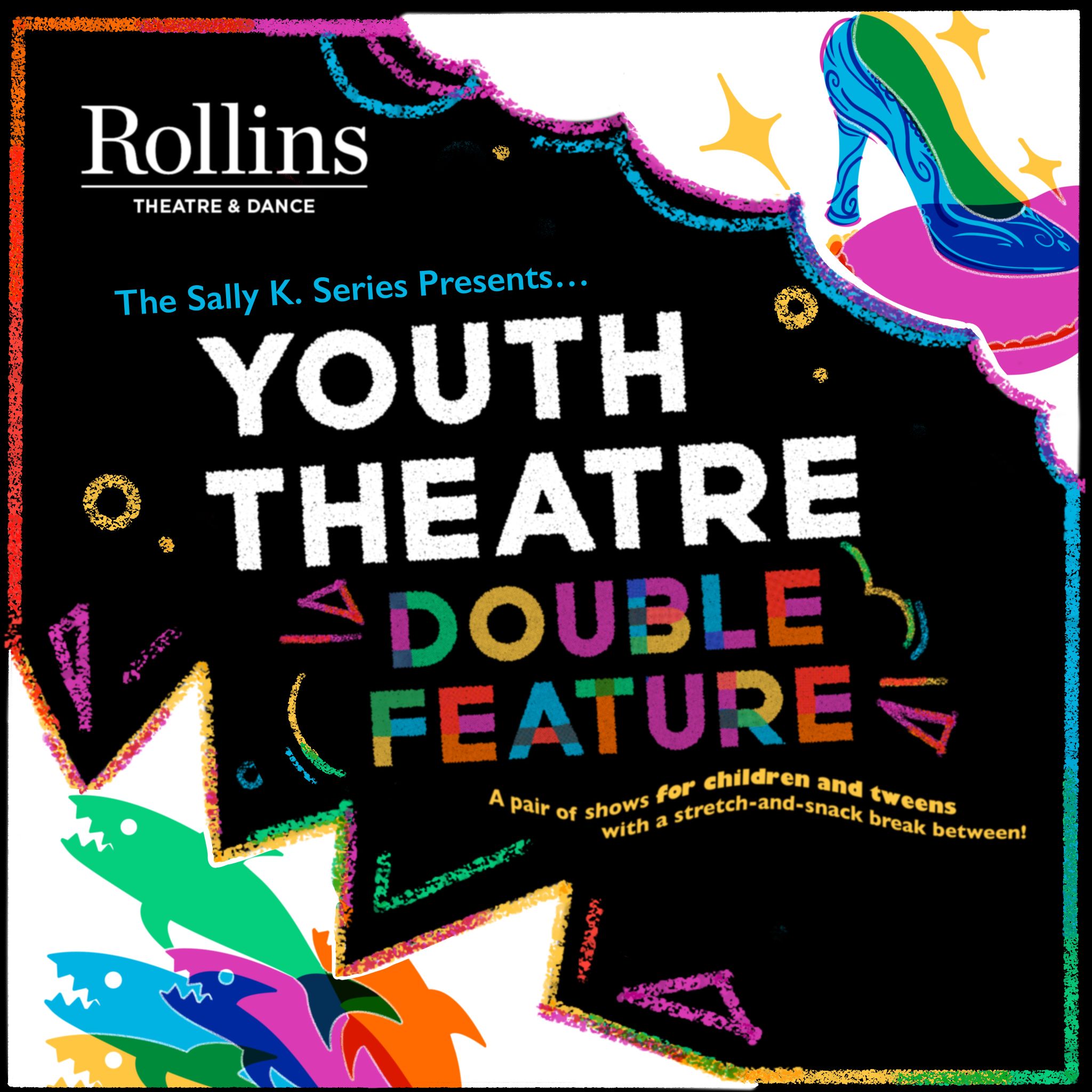 A neon graphic with a glass slipper and sharks reading 'Youth Theatre Double Feature'