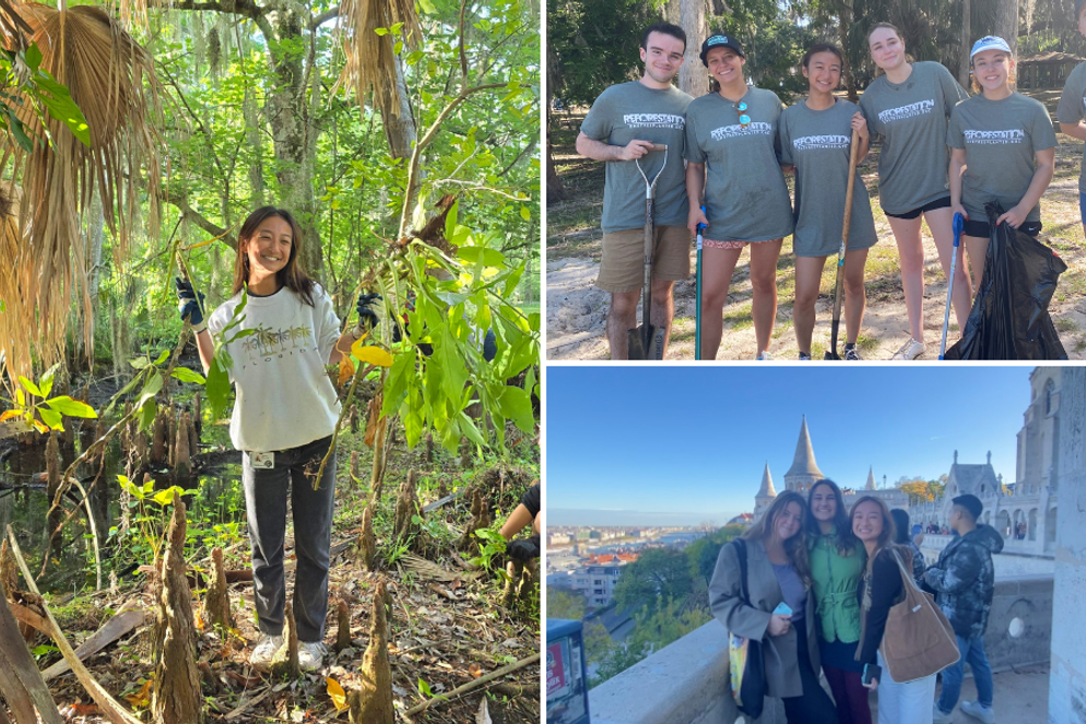 A grid of images showing Coco Marshall and students participating in study abroad and Immersion experiences