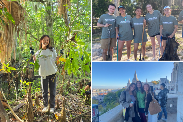 A grid of images showing Coco Marshall and students participating in study abroad and Immersion experiences