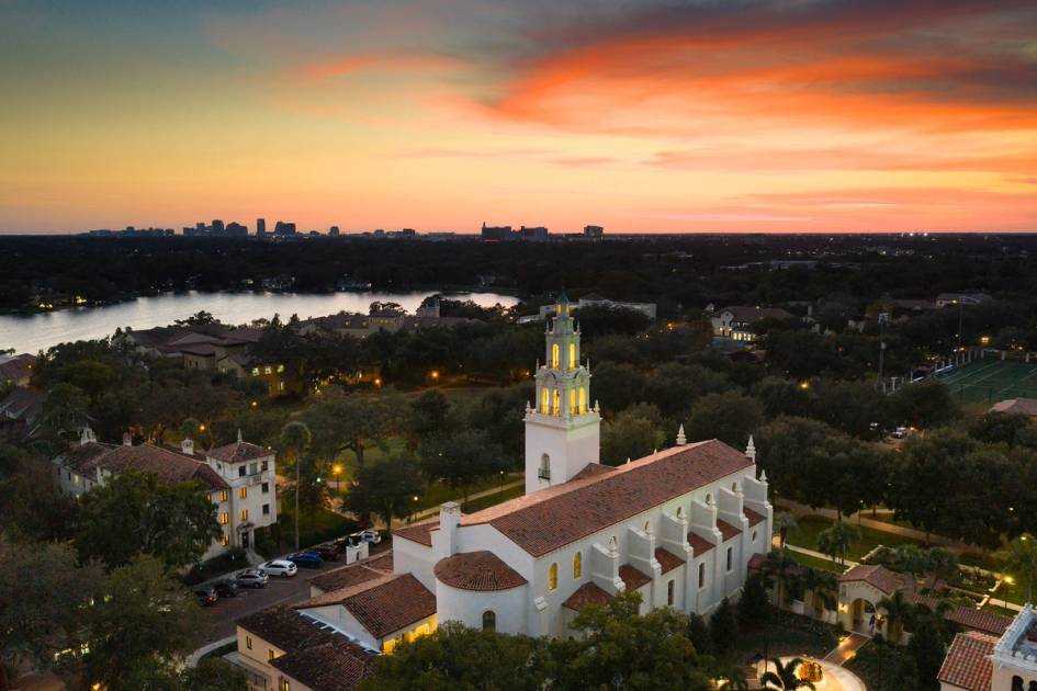 Sunset over Knowles Memorial Chapel.