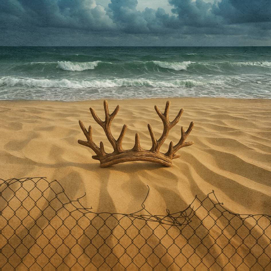 A crown made of driftwood sits on a beach under stormy skies, behind a ripped chain link fence