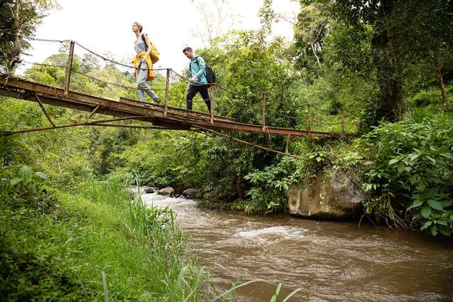 Students crossing a bridge on a field study in Tanzania.