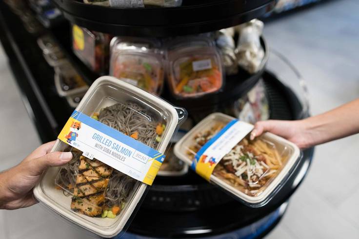 The grab and go station features ready-made Blue and Gold Apron meals