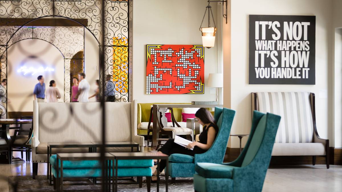 The lobby of the Alfond Inn, with modern art in view