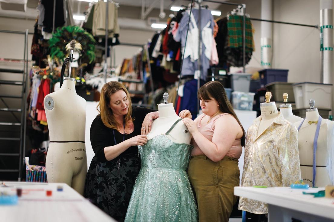 Costume design and production artist-in-residence Allison Crutchfield (left) and student costume lead Kelsey Grace Kidd ’25