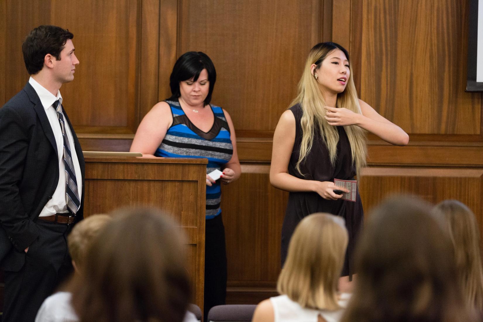 Brian Cohan ’16, Kendra Davies ’16, and Shiying Gu ’16 present to local and state officials.