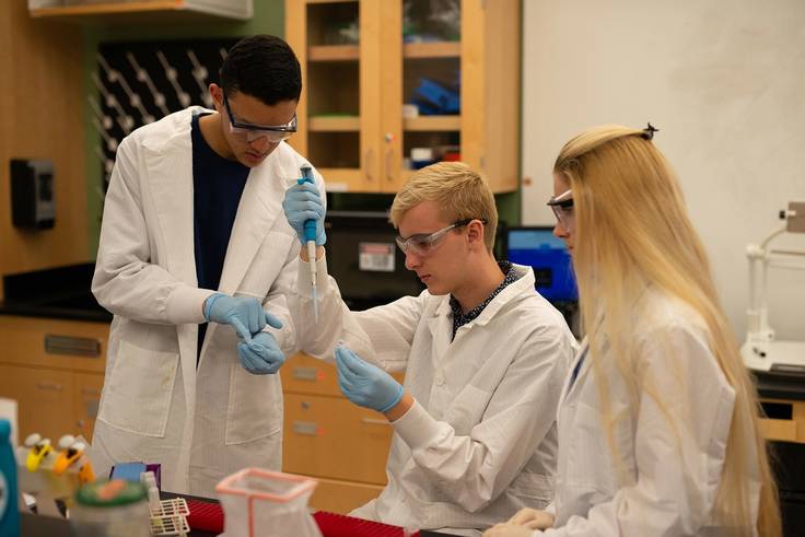 Students with lab coats, gloves, and protective goggles use a dropper to take samples.