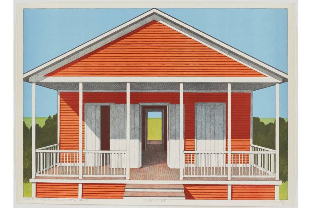 Illustration of an orange house with porch and white railings