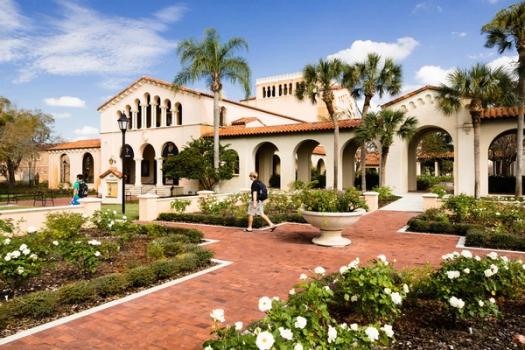 Annie Russell Theatre and the rose garden at Rollins College.