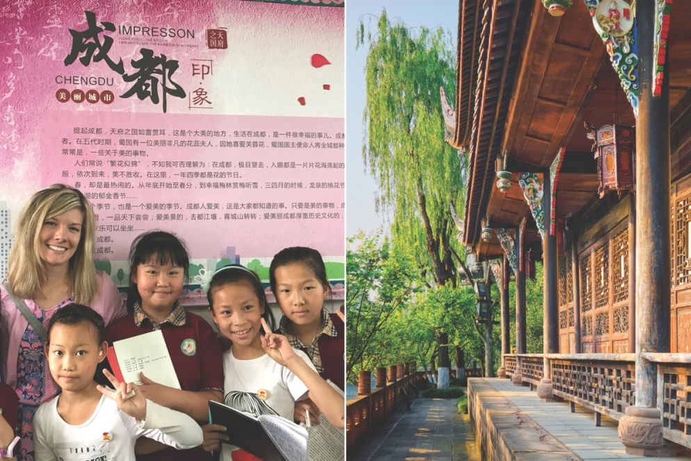 A Rollins student in Chengu, China, with local schoolchildren and a scene in Sichuan