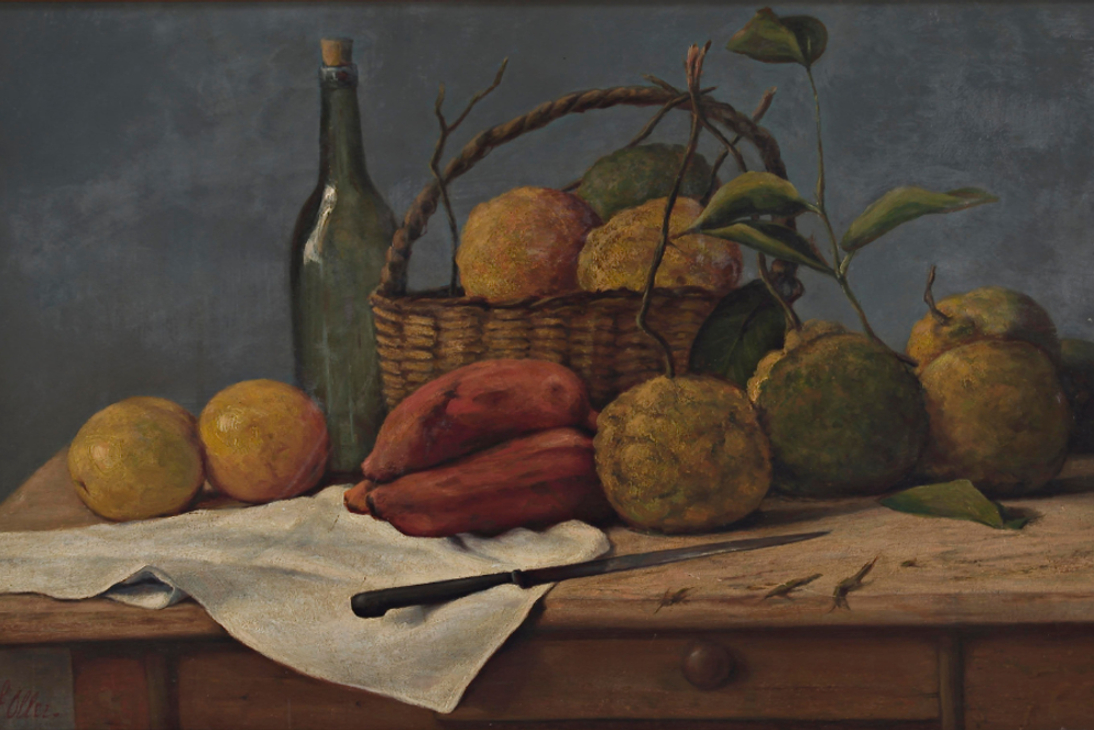 Oil on canvas still life of fruits in a basket