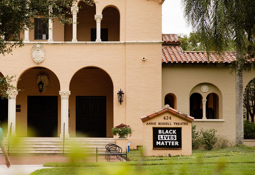 A sign reading 'Black Lives Matter' on the marquis of the Annie Russell Theatre