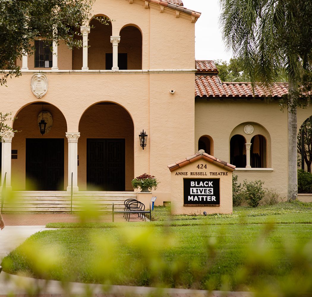 A sign reading 'Black Lives Matter' on the marquis of the Annie Russell Theatre