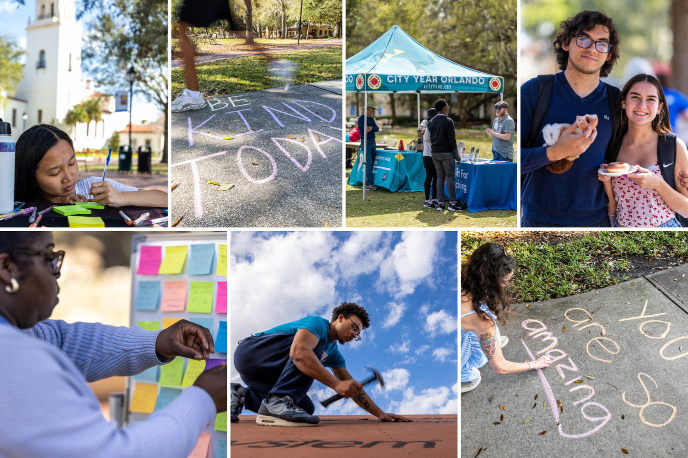 A grid of images of the Rollins community participating in Thaddeus & Polly Seymour Acts of Kindness Day.