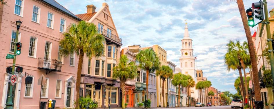 Stock photo of Charleston showing a street with colorful houses