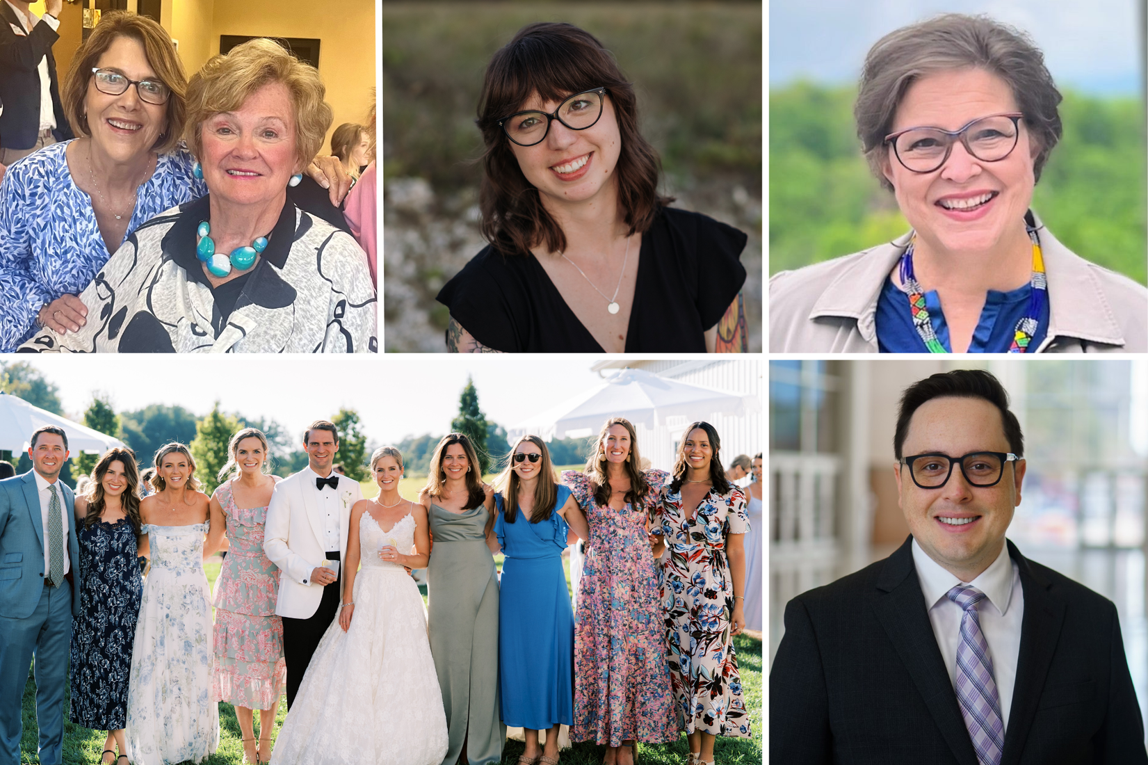 Patty Witt ’78 and Susan Olson ’66; Laura Hardwicke ’11; Suzi Mills ’84; Austin Connors ’09; the wedding ceremony of Martha Watts McWilliams ’12.