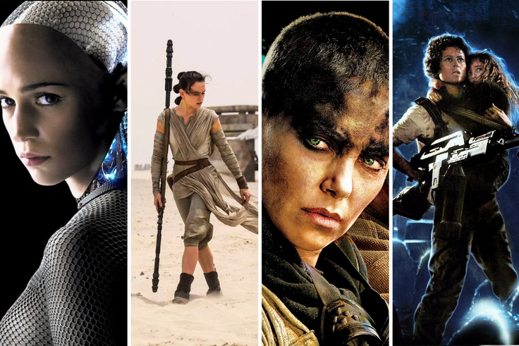 Sci-fi heroines Ava (Ex Machina), Rey (Star Wars), Furiosa (Mad Max), and Ellen Ripely (Aliens)