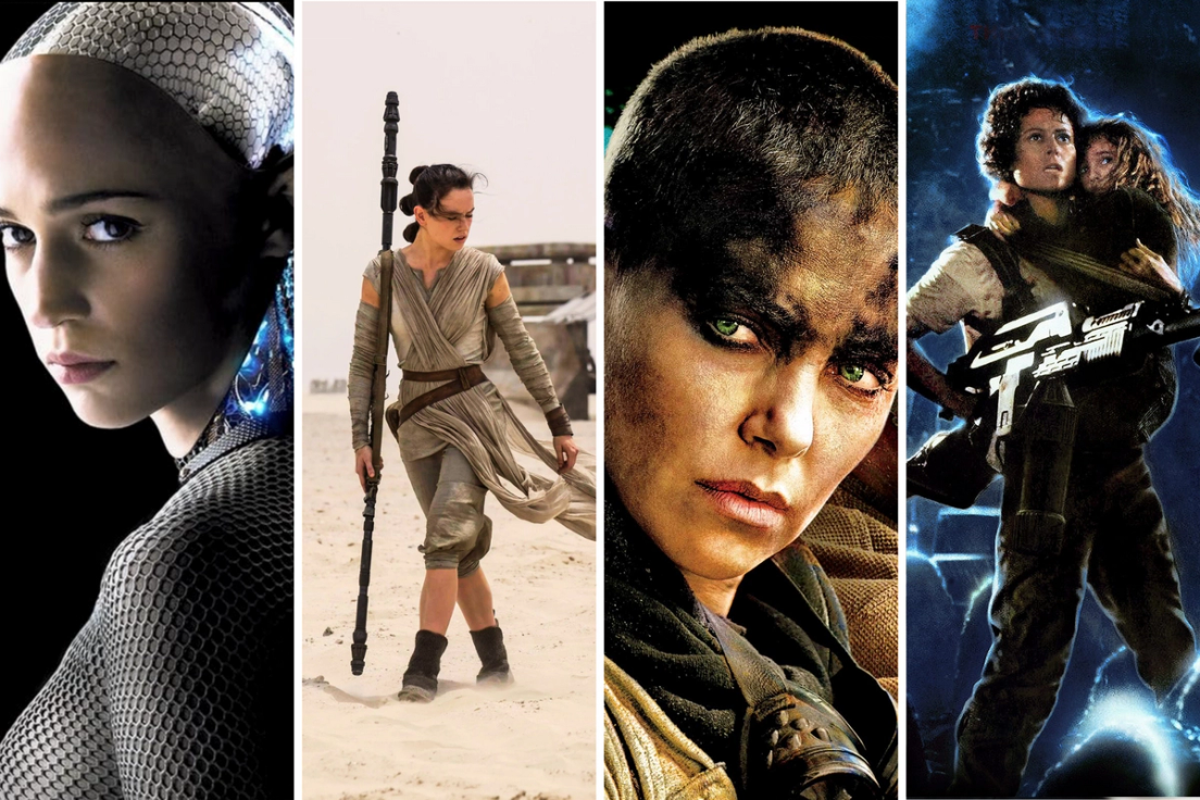 Sci-fi heroines Ava (Ex Machina), Rey (Star Wars), Furiosa (Mad Max), and Ellen Ripely (Aliens)