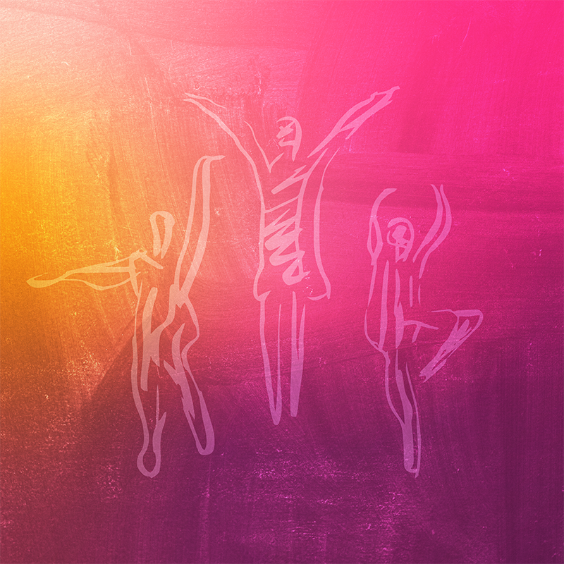 Abstract line figures dancing on vibrant pink and orange gradient background