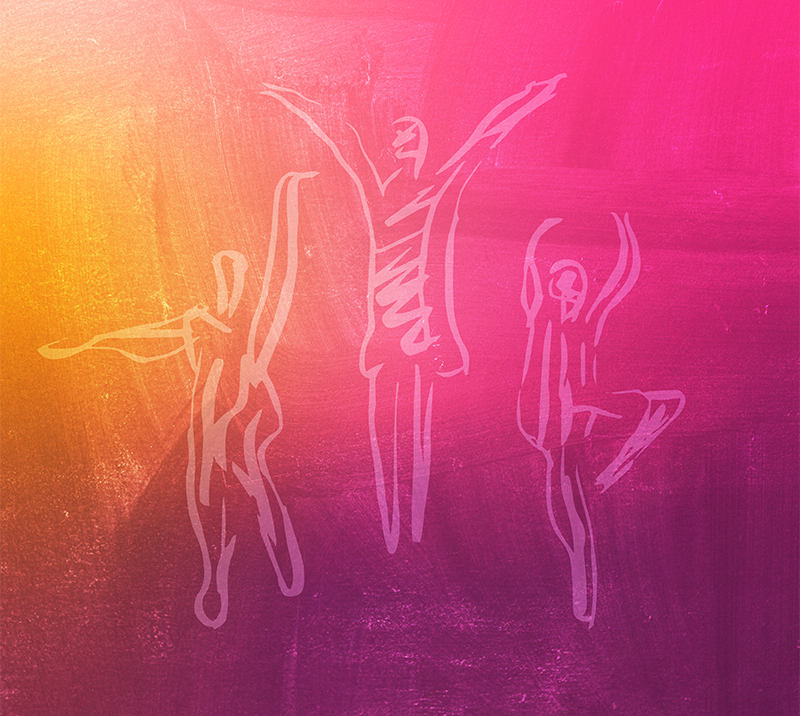 Abstract line figures dancing on vibrant pink and orange gradient background