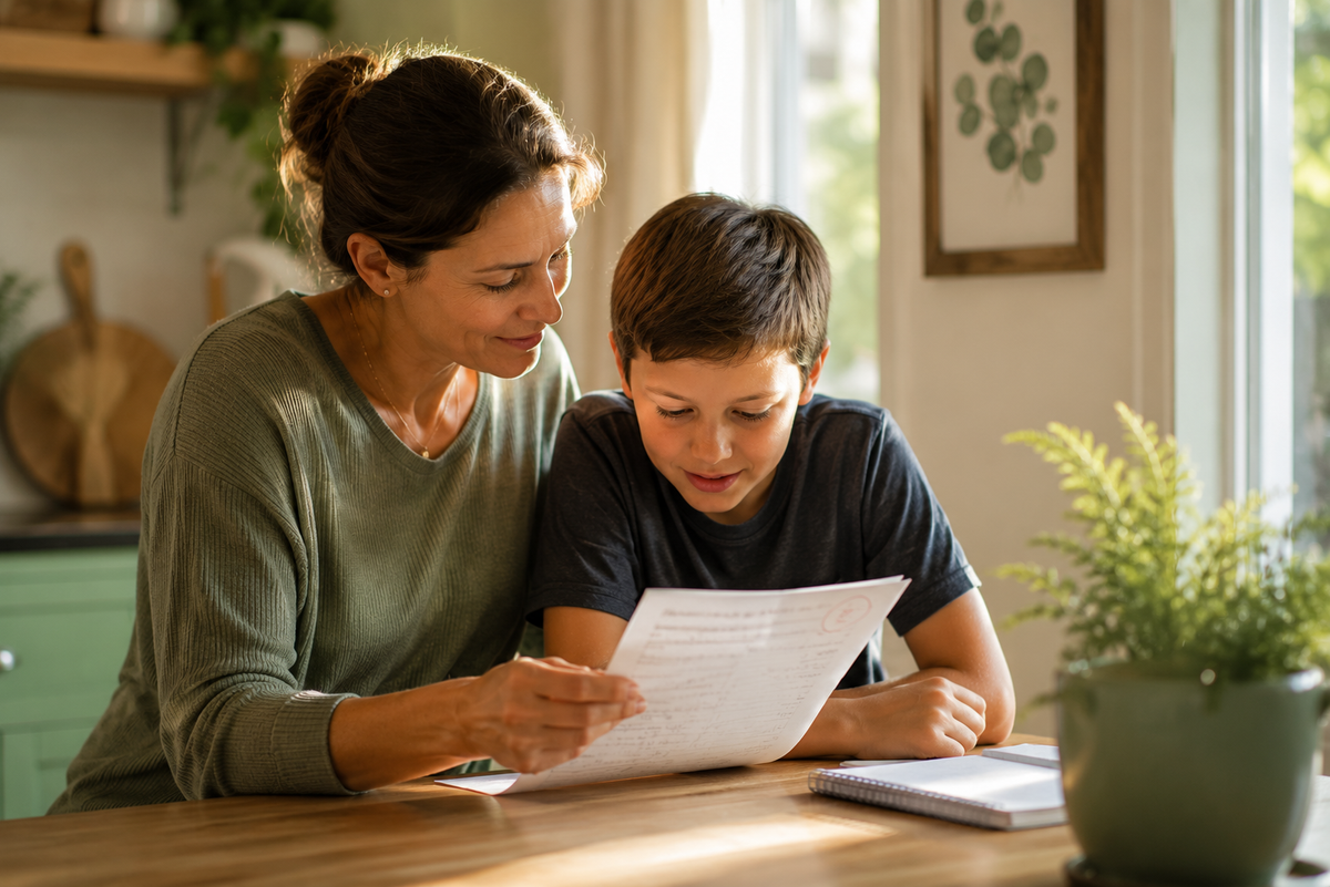 A mom and son sitting together looking at a piece of paper.