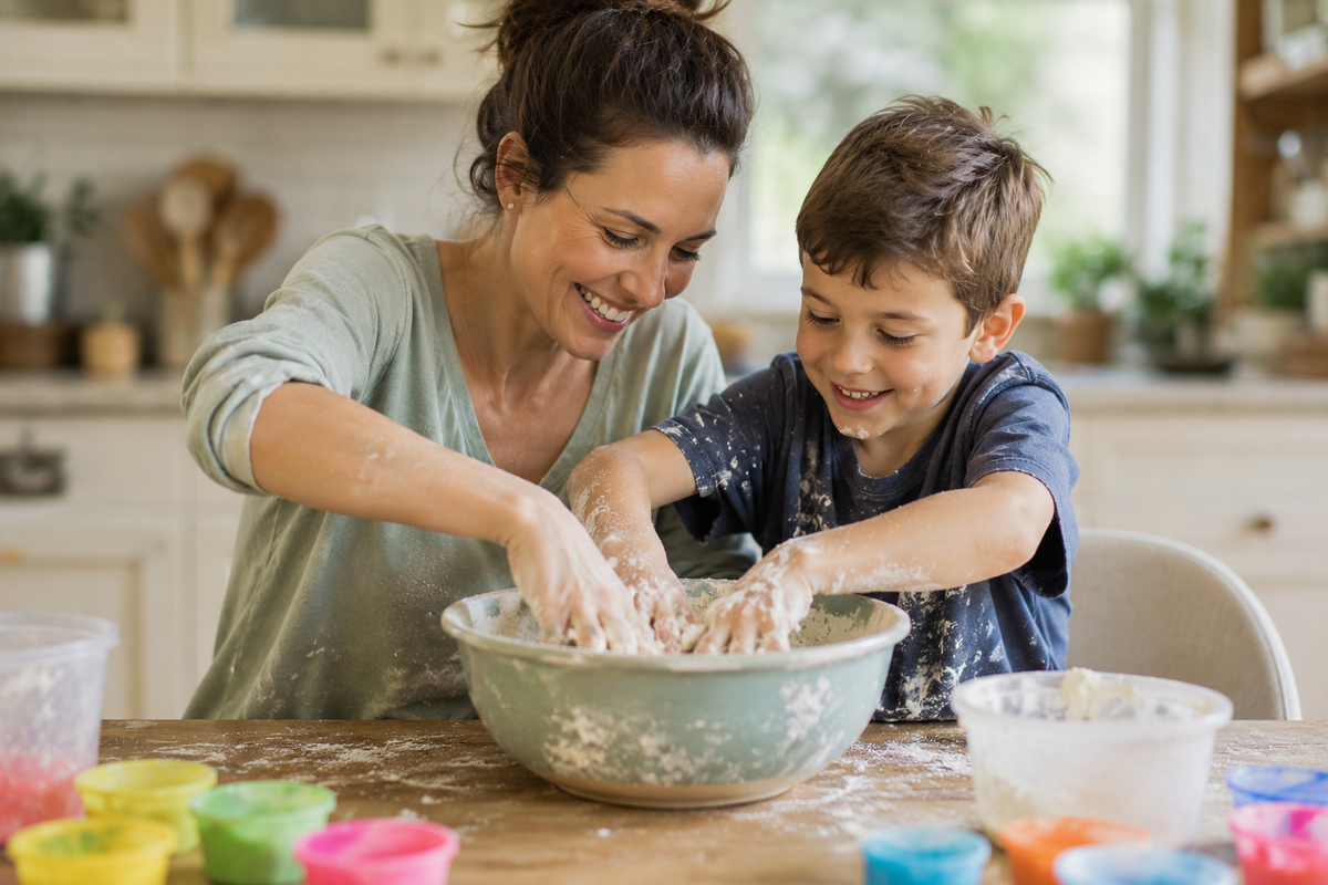 A mom and her son making playdough together in their kitchen. They both are messy from the homemade playdough.