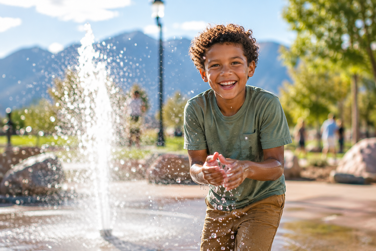 A boy playing at a splash pad in utah.