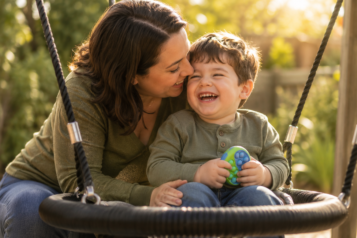 A child and his mom playing at an all-ability park in Utah in 2026.