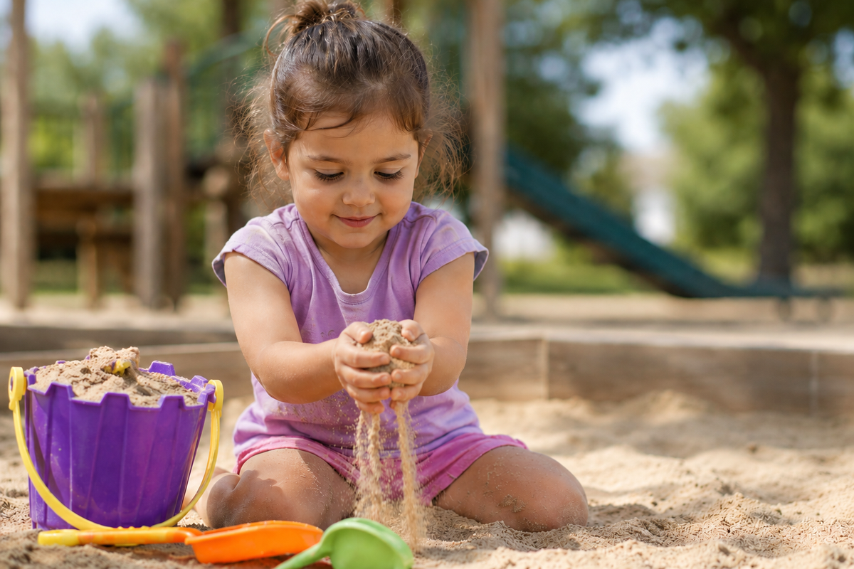 A young girl with brown hair playing in a sandbox.