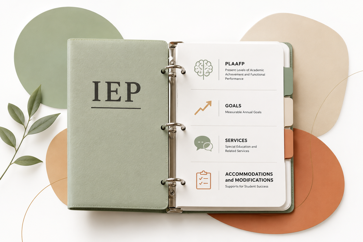 A notebook with the parts of an IEP in it, including PLAAF, Goals, Services, and Accomodations.