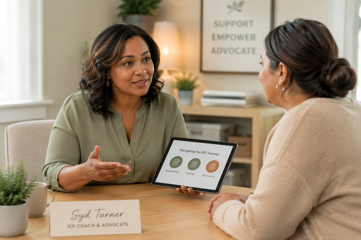 An autism coach sitting at a desk talking to a client.