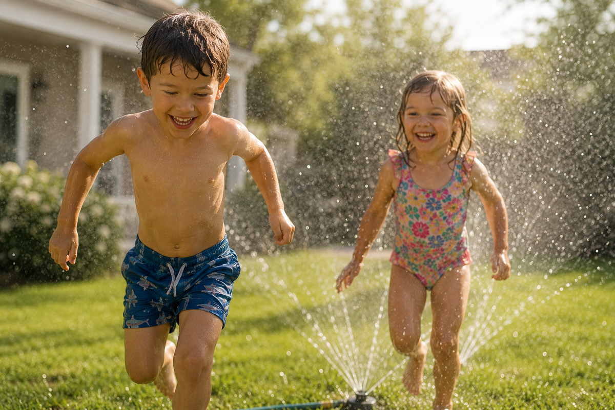 A young boy and girl running through the sprinklers in their swimsuits.