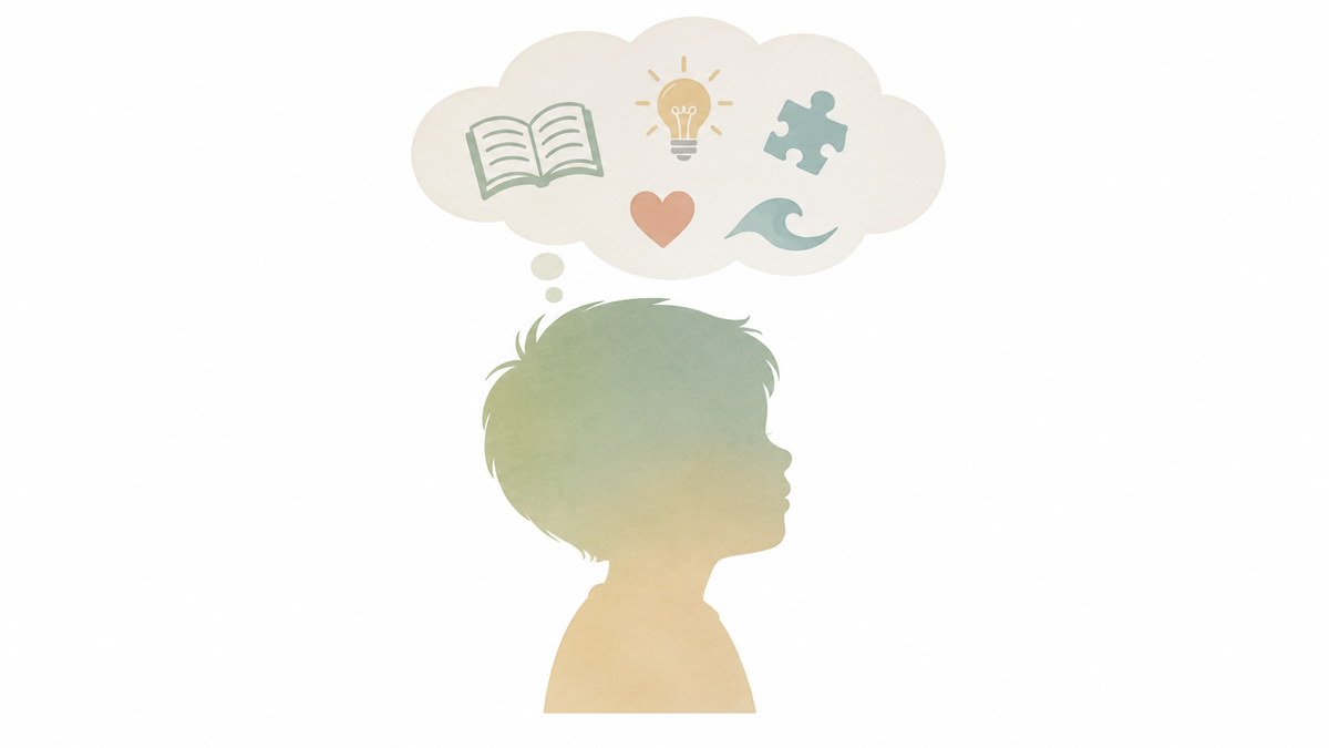 A side profile of a child's face with a thought bubble over his head, it has a book, a lightbulb, a puzzle piece, heart, and wave in the bubble. 