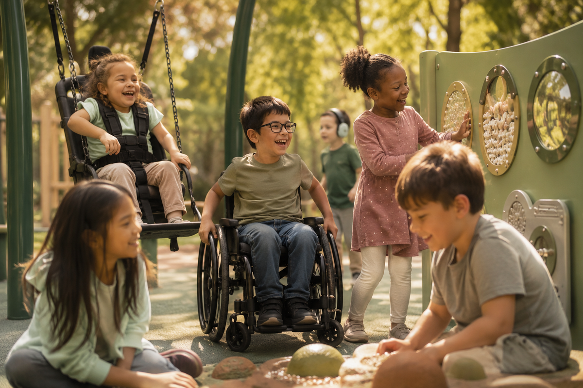 A group of kids playing at an all-ability playground in Utah.